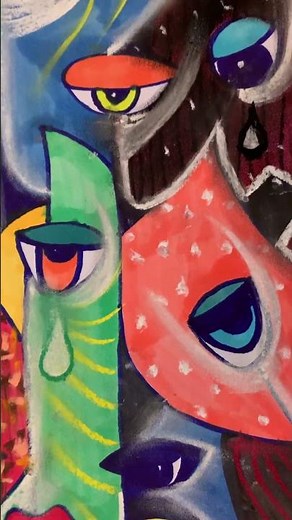 Colorful faces abstract paintings in chalk pastel & markers / relaxing art demonstration