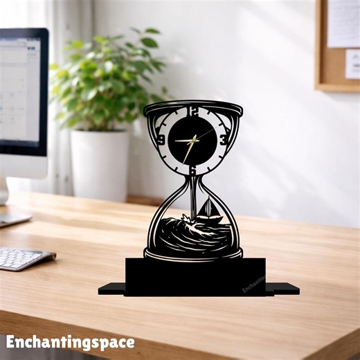 Hourglass Metal Table Clock with Beach Scenery Accent, Vintage Timekeeper for Office or Study Room Decor