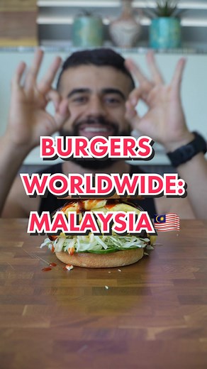 Malaysian RAMLY Burger 🇲🇾 Ingredients: - 500g minced beef - 1/2 cabbage, shredded - 1 cucumber, sliced - Maggi seasoning, to taste - Curry powder, to taste - 4 eggs - Chili sauce - Black pepper sauce - Mayo - 4 burger buns Steps 1. Chop the cabbage and cucumber then set aside. 2. Smash your 100g beef patty on a hot skillet then season with curry powder and Maggi Seasoning 3. In a separate pan, cook the eggs into a wide circle 4. Once the burgers are cooked, place them on top of the cooked egg,