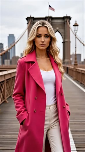 Arisya Craft on Instagram: "Pink state of mind. 💖🗽 Why wear grey when you can be the brightest thing on the bridge? Ladies: Are you Team Pink 🌸 or Team Neutral 🧥? Vote below! 👇 #BrooklynBridge #PinkCoat #arisyacraft #PowerColor #ootd"