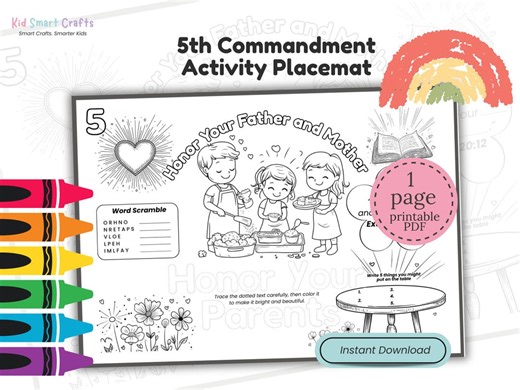 Fifth Commandment from Ten Commandments Coloring Activity Placemat for Kids Christian Coloring Bible Worksheet Kids Bible Study Exercise