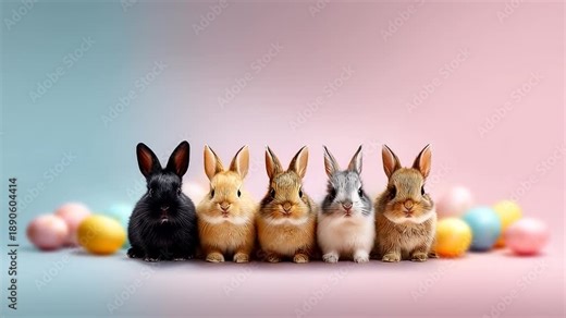 Easter party: Easter bunnies dancing surrounded by colorful Easter eggs, an animated video for greeting cards, festive events, and Easter celebrations.