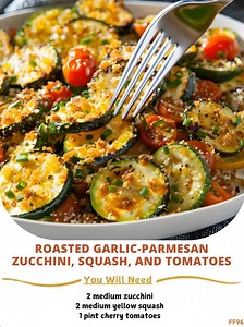 Roasted 😇 Garlic-Parmesan Zucchini, Squash, and Tomatoes Ingredients 2 medium zucchini sliced into rounds 2 medium yellow squash sliced into rounds 1 pint cherry tomatoes halved 4 cloves garlic minced 2 tbsp olive oil ¼ cup grated Parmesan cheese Salt and pepper to taste Fresh basil or parsley for garnish Instructions 😸 | Homemade Cooking Grandma's