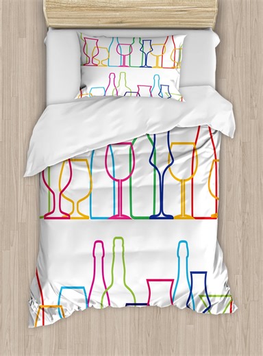 Wine Duvet Cover Set Twin Size, Colorful Outline Bottles and Glasses Bar Party Drink Cocktails Modern Fun Pattern, Decorative 2 Piece Bedding Set with 1 Pillow Sham, Multicolor, by Ambesonne