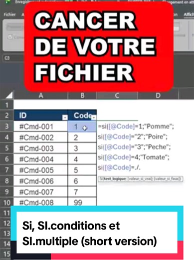 L'ÉVOLUTION DU SI 🧬 Arrêtez le massacre des parenthèses. 🛑 Si vous utilisez encore des SI imbriqués en 2026, vous perdez votre temps. Voici la hiérarchie pour nettoyer vos données : ⚔️ SI (IF) : Le duel. Pile ou Face. 🪜 SI.CONDITIONS (IFS) : L'escalier logique. Fini les imbrications. 💎 SI.MULTIPLE (SWITCH) : La chirurgie. On remplace le code par le sens. 💾 Enregistre la vidéo pour retrouver les formules : =SI(Note>=10;