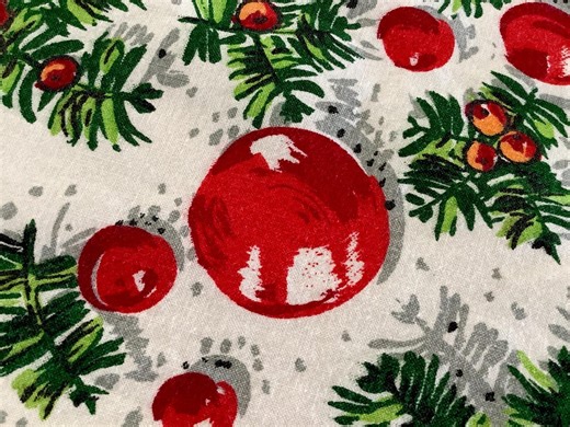 Vintage Christmas Tablecloth: Red Ornaments & Pine Branches, Handmade Table Linen 51”x54” - Etsy