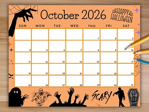 Editable October 2026 Calendar, Printable Scary Halloween Calendar Spooky, Monthly Planner, Kids Work Home Office Planner, Homeschool - Etsy