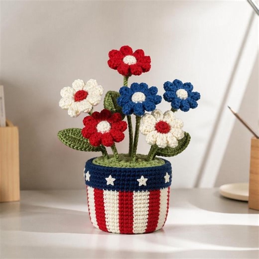 American Flower Pot Crochet PDF Pattern - America 250th Anniversary Home Decoration Crochet - Patriotic 4th of July Crochet Pattern - Etsy