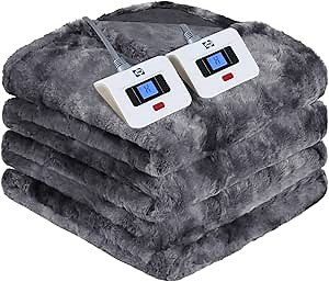 Sealy Electric Blanket Queen Size, Faux Fur & Flannel Heated Blanket with 10 Heat Setting & 1-12 Hour Auto Shut Off, Fast Heating Blanket, Machine Washable, Grey, 84 x 90 Inch