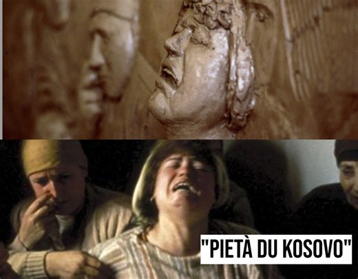 "Pietà du Kosovo" Skulptori francez Pascal Convert rikrijon kryeveprën e Pietà te Michelangelos, nga fotografia ikonike e vajtimit të Nasim Elshanit, të vrarë nga serbët, në vitin 1990. Fotografia është realizuar nga fotografi Georges Mérillon, dhe ka fituar çmimin World Press si fotografia më e mirë e vitit 1990. | FM Images Albania