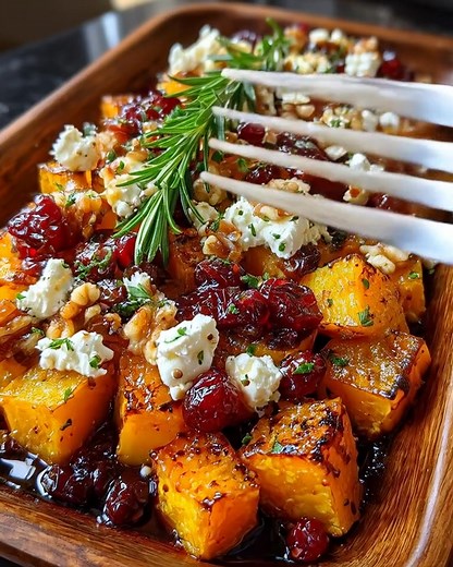 🥗 Caramelized Butternut Squash with Feta, Walnuts, and Cranberry-Honey Glaze 🧡 “A perfect balance of sweet, salty, and tangy — this dish looks fancy but is so easy to make!” 🧂 Ingredients: • 1 medium butternut squash (about 900 g / 2 lb), peeled and cubed • 2 tbsp (30 ml) olive oil • 2 tbsp honey or maple syrup • Salt and freshly ground black pepper, to taste • ½ tsp dried thyme or rosemary • ½ cup dried cranberries • ½ cup crumbled feta cheese • ¼ cup chopped toasted walnuts • 1 tbsp fresh p