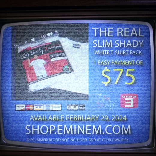 The Slim Shady LP 25th anniversary capsule hits the store this week. Featuring limited edition collectibles like the Shady License Plate Shadowbox signed by me, and The Real Slim Shady T-shirt Pack (blood not included). Get first access - shop.eminem.com | Eminem