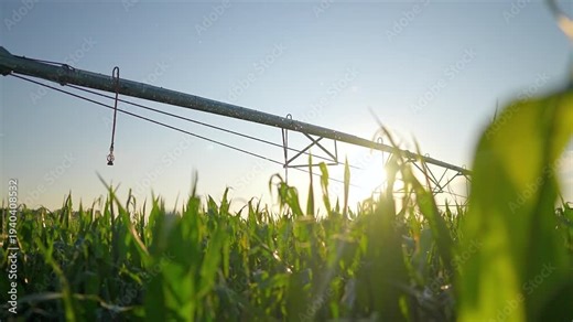 Irrigation pivot system waters corn field at sunrise. Sprinkler irrigates corn crops in field. Modern farming with irrigation equipment. Green corn grows under pivot sprinkler. Agricultural field.