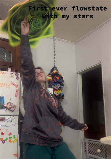 The smile says it all! First ever actually getting the feeling of flowstate again. My main flow was pole and hoops so getting this feeling back with a new flow was so worth the wait. Star: @First Earth