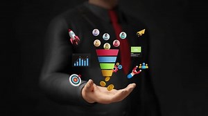 Lead generation, CRO, conversion rate optimization. Convert audience into sales. Inbound marketing strategy. Businessman with 3D funnel attracting audience on virtual screen. 4K 3D video animation