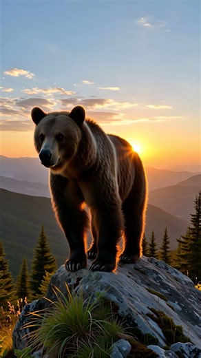 A Spectacled Bear watches the sunset from a mountaintop.