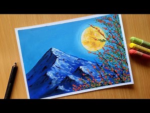 Oil Pastel Moonlight Scenery Drawing / STUNNING FULL MOON / Oil Pastel Nature Drawing for Beginners