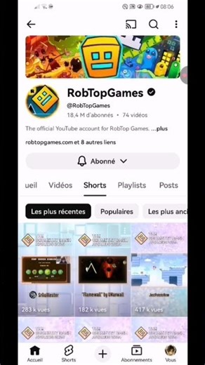 Je regarde la chaîne YouTube de geometry dash(Rob Top Games) #geometrydash #youtube