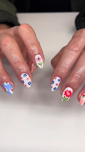 Colorful Spring Nail Art with Checkered and Flower Designs
