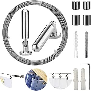 Pinowu Wall Mount Curtain Wire Rod Set for Art Display - Stainless Steel Photo Hanging Wire Clothesline Wire Window Curtain Tension Wire Multi-purpose Crafts Organizer (5 Metres)