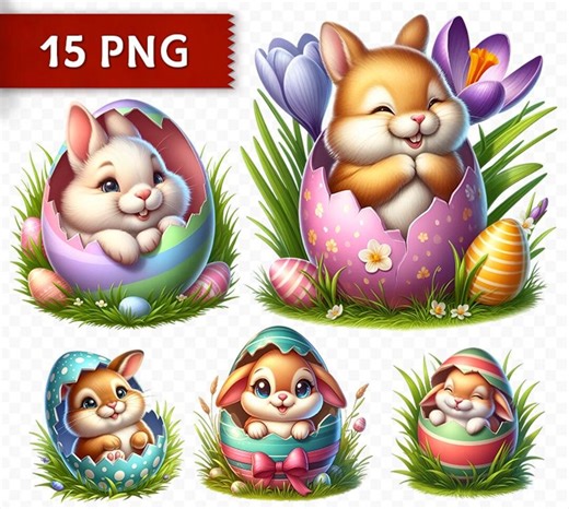 Easter Bunny in Egg Clipart Bundle - 15 PNG, Spring Baby Bunnies, Transparent Background - Etsy