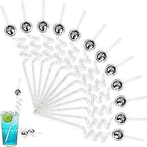 C CRYSTAL LEMON Set of 12 Reusable Disco Ball Straws: Ideal for Bachelorette Parties, Birthdays, and Disco Events