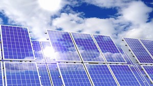 Sun Reflecting in Solar, Photovoltaic Panels and Sky