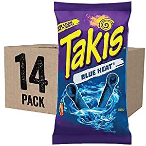 Takis Blue Heat Rolled Tortilla Chips, Hot Chili Pepper Flavored, Multipack Box with 14 Bags of 9.9 Ounces