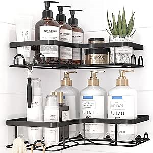 Corner Shower Caddy - 2 Pack, Adhesive Shower Organizers, Rustproof Stainless Steel Shower Shelves with 8 Hooks, No Drilling Bathroom Organizers and Storage Racks, Space-Saving, Black,Medium