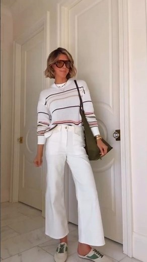 Striped Open-Knit Sweater on White Wide-Leg: How Many Outfits in Two Pieces #fashiontrends #ootd