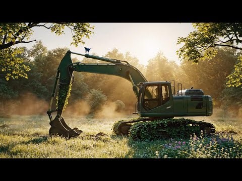 A Green Excavator Working Where Nature Meets Machines