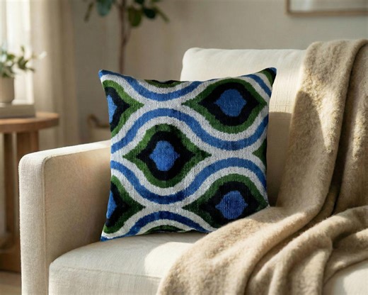 Geometric Velvet Pillow Cover – Blue, Green, Black Ikat Pattern Home Decor - Etsy