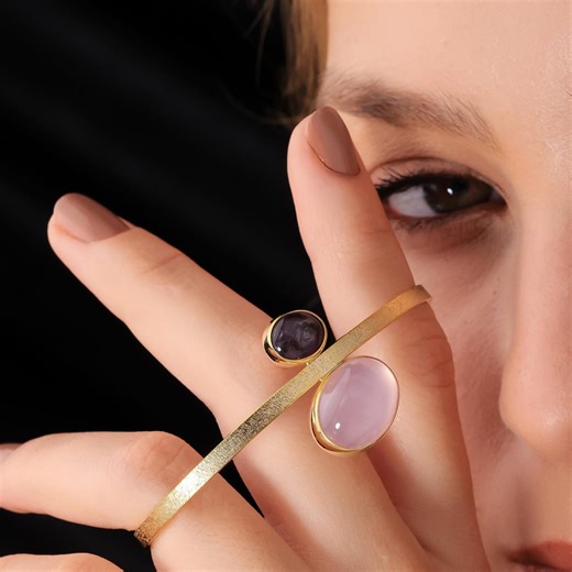 Handmade Rose Quartz Star Ruby Cuff: Gold Plated Sterling Silver Bangle - Etsy