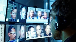 Security guard looks at screens of biometric identification system in dark room, facial recognition with AI technology. Concept of surveillance, id, person, monitor, camera.