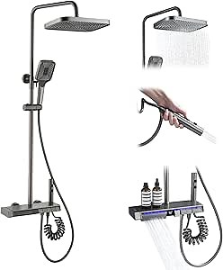 Lefton Shower System with Temperature Display in Fahrenheit and Dual Shower Head, Waterfall Shower Faucet Set with Spray Gun, 5-in-1 Control System, SST2206 (Grey)