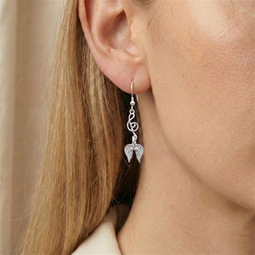 925 Sterling Silver Treble Clef Angel Wing Dangle Earrings, Dainty Music Note Drop Jewelry Guardian Angel Gift for Musician - Etsy