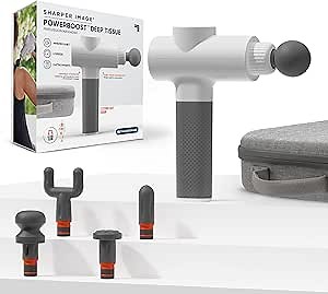 Sharper Image Powerboost Massage Gun Version 2.0 - with Attachments, Quiet Motor, Ergonomic Grip, 6-Speed Lightweight Percussion Massager, Deep Tissue Full Body Muscle Recovery & Pain Relief - White