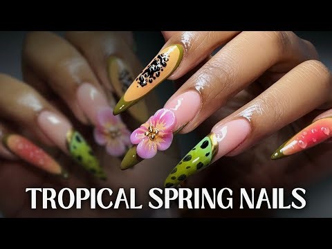 🥭🌺 Tropical spring nails ⟡ almond polygel nails | 3d sculpted nail art ✨