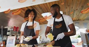 Preparing food, two chefs in kitchen with hot dog animation