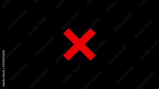 Red cross no symbol animation isolated with alpha channel, reject wrong answer icon motion graphic, seamless loop, transparent background, horizontal, 4K.