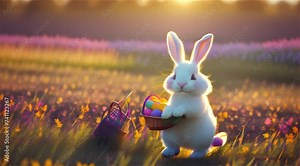 Easter Bunny Surrounded by Eggs in a Spring Field