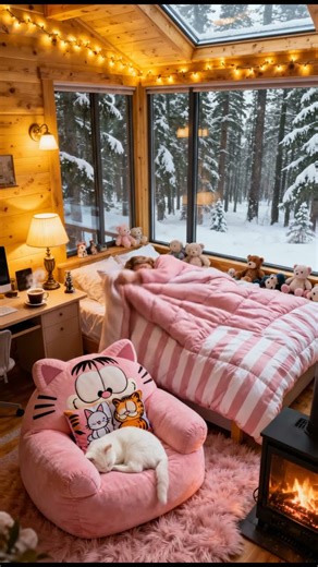 A cozy cabin getaway during a blizzard, complete with a warm fireplace and cats.#cozy