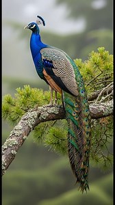Majestic Peacock Perched in Misty Coniferous Forest Serenity #birdsofprey #natgeowild #nature #birdwatching | BIRDS of the World