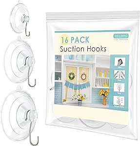 RELBRO Suction Cup Hooks, Multi Size Suction Cups with Metal Hooks, Removable and Reusable, 6 Large, 6 Medium, 4 Small, Clear, 16 Pcs