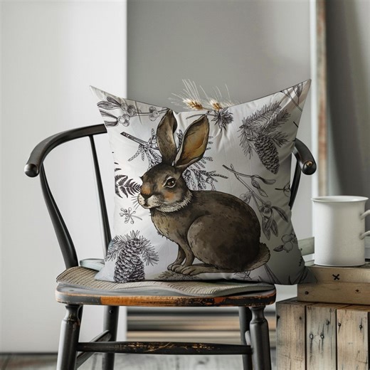 Vintage Outline Hare Pillow Cover, Botanical Rabbit Cushion, Neutral Easter Throw Pillow, Cozy Woodland Spring Home Decor - Etsy
