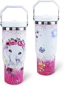 Elephant Mug 30 oz Tumbler with Handle Flip Straw Leak Proof - Elephant Gifts for Women 30oz Tumbler 30 Ounce Travel Coffee Mug - Birthday Gifts for Women Friend Daughter Lover