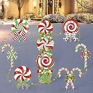10 Pack Christmas Candy Cane Yard Signs with LED Lights Without Batteries Lollipop Front Back Garden Patio Lawn Topper Winter Holiday Peppermint Green White Red Bows Indoor/Outdoor Xmas Decorations