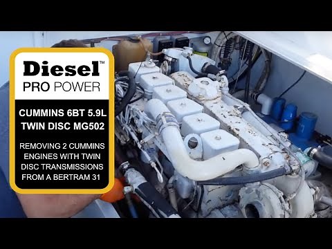 Removing Two Cummins 6BT 5.9L Engines With Twin Disc MG502 Transmissions From A Bertram 31