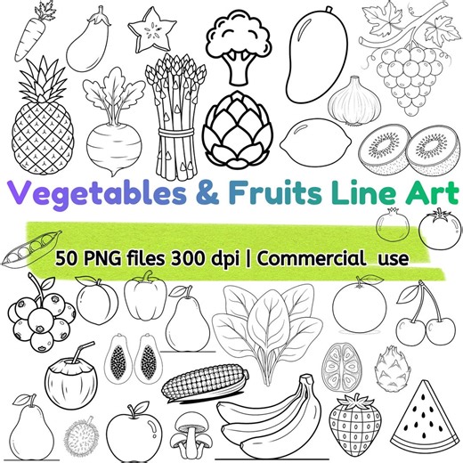 Vegetables & Fruits Coloring Book | 50 Simple Line Art Pages (digital Download, PNG Files) - Etsy