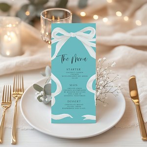 Editable White Coquette Bow Menu, Elegant Tiffany Inspired Party Design for Bridal Brunch, Birthday, Baby Shower, Bridal Shower,graduation - Etsy